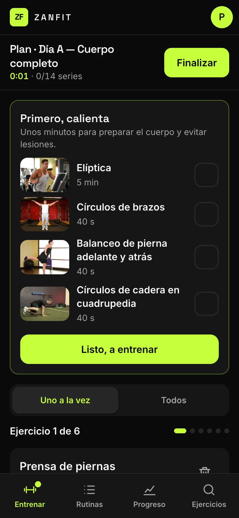 Entrenamiento en curso con calentamiento